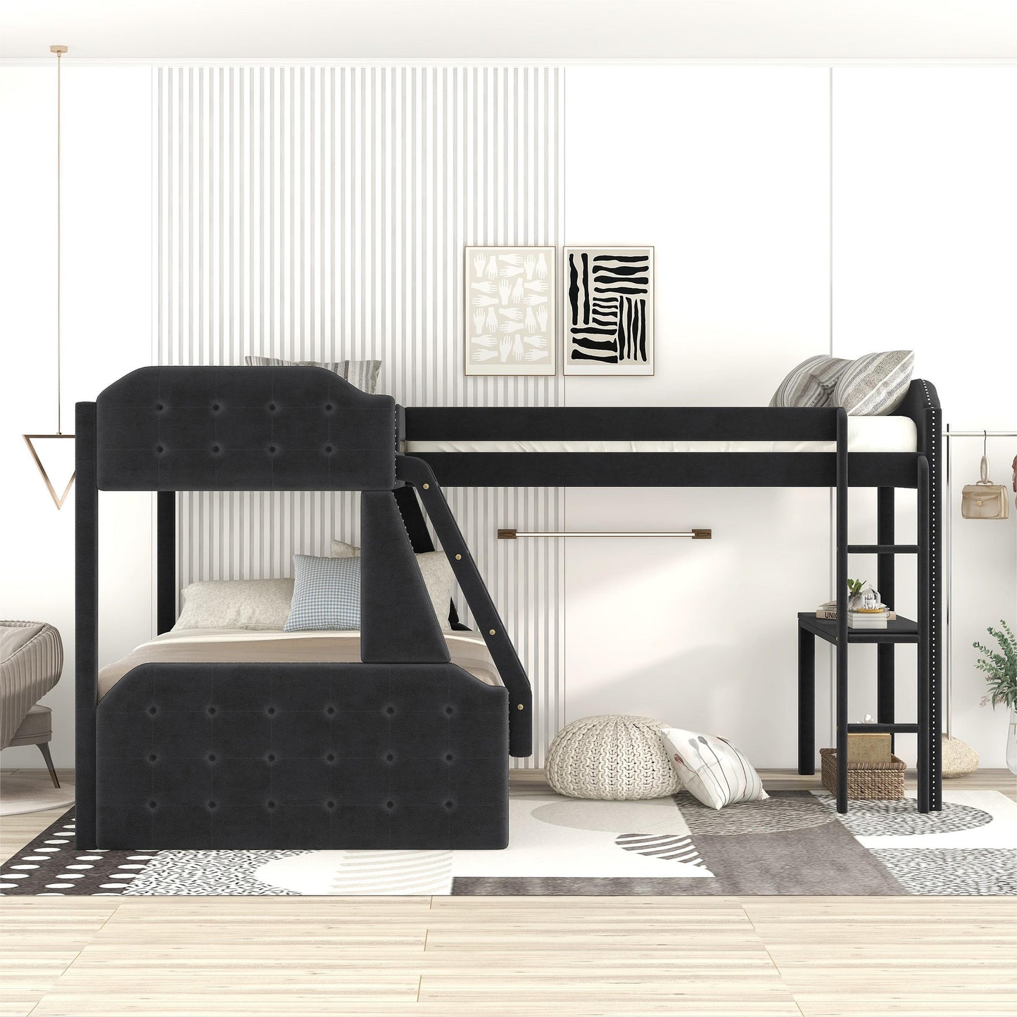 l-shaped twin over full bunk bed and twin sie loft bed with desk