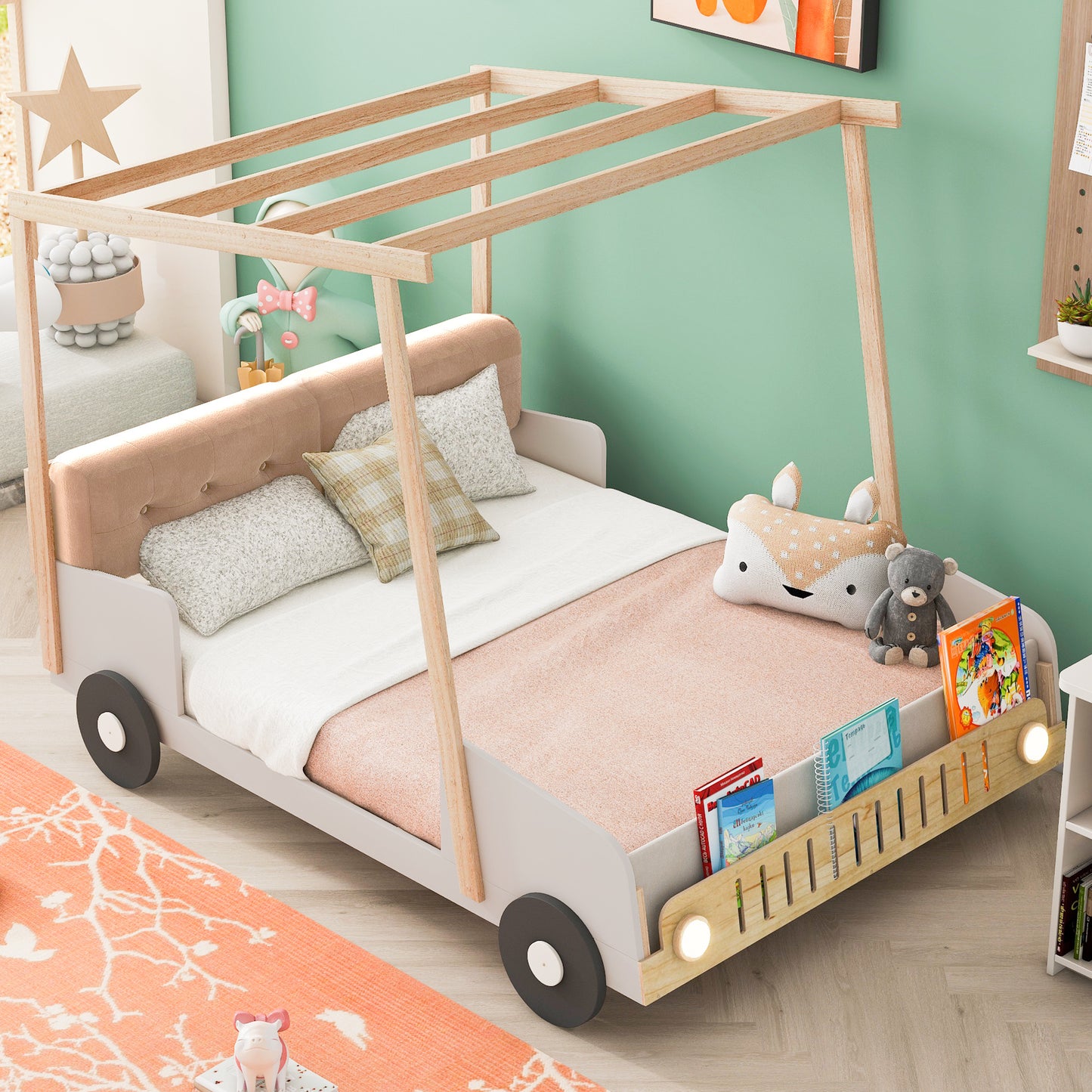 wooded car bed with pillow, ceiling cloth and led lights