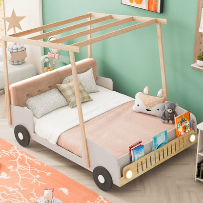 Wooded Car Bed with Pillow, Ceiling Cloth and LED Lights