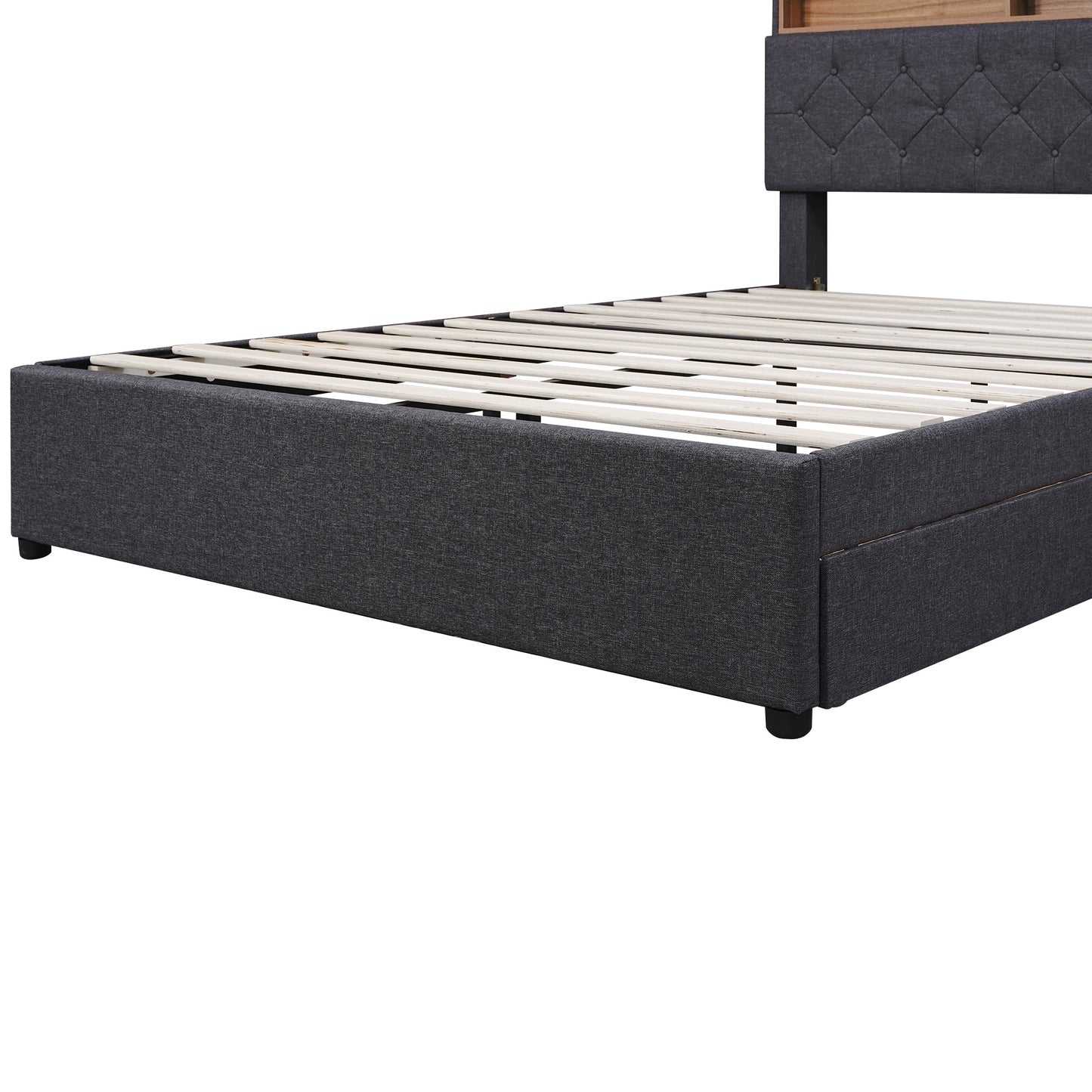 upholstered bed with storage headboard, led, usb charging and 2 drawers