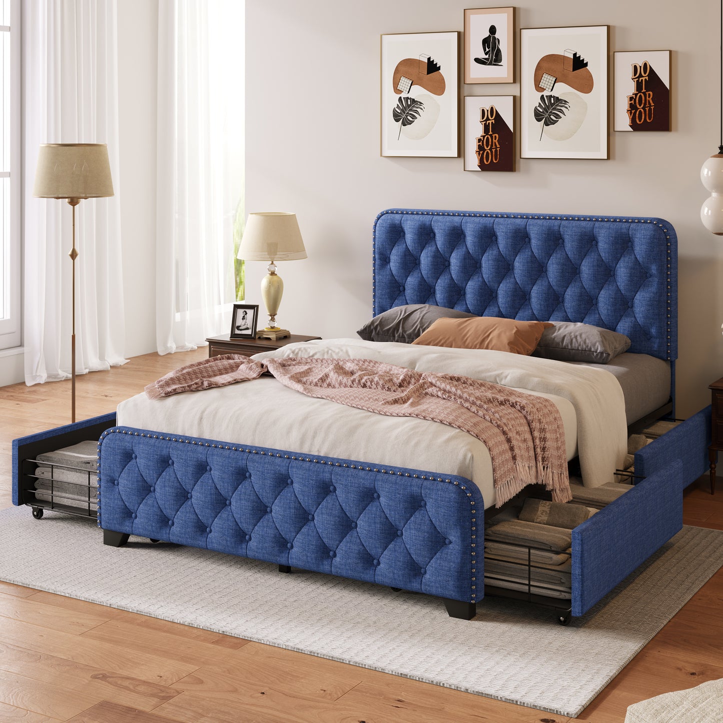 upholstered platform bed frame with four drawers, blue