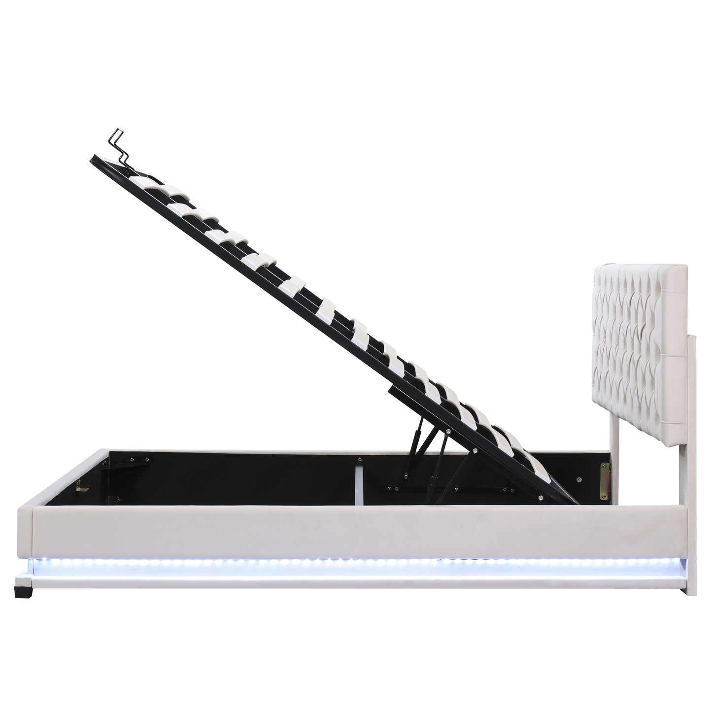 upholstered platform bed with adjustable tufted headboard and led light