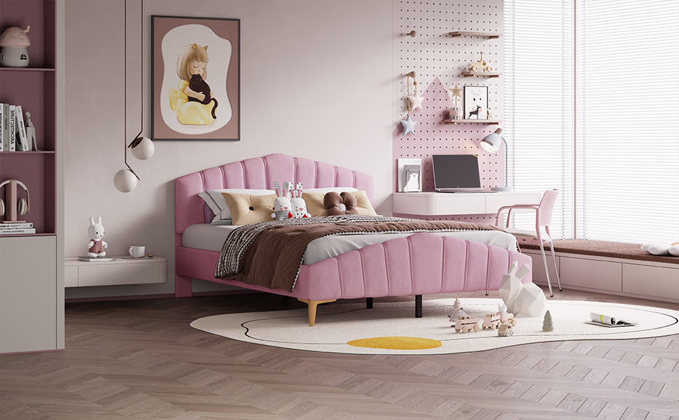 stylish velvet platform bed with thick fabric, pink