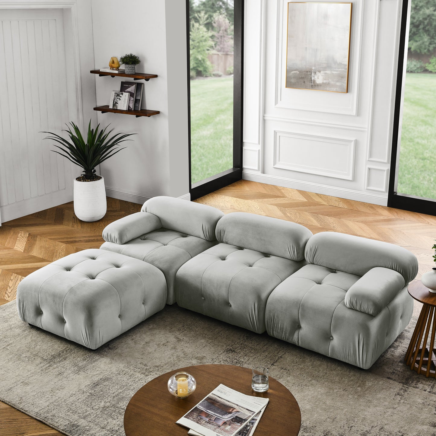 modular sectional sofa, button tufted designed and diy combination,l shaped couch with reversible ottoman, grey velvet