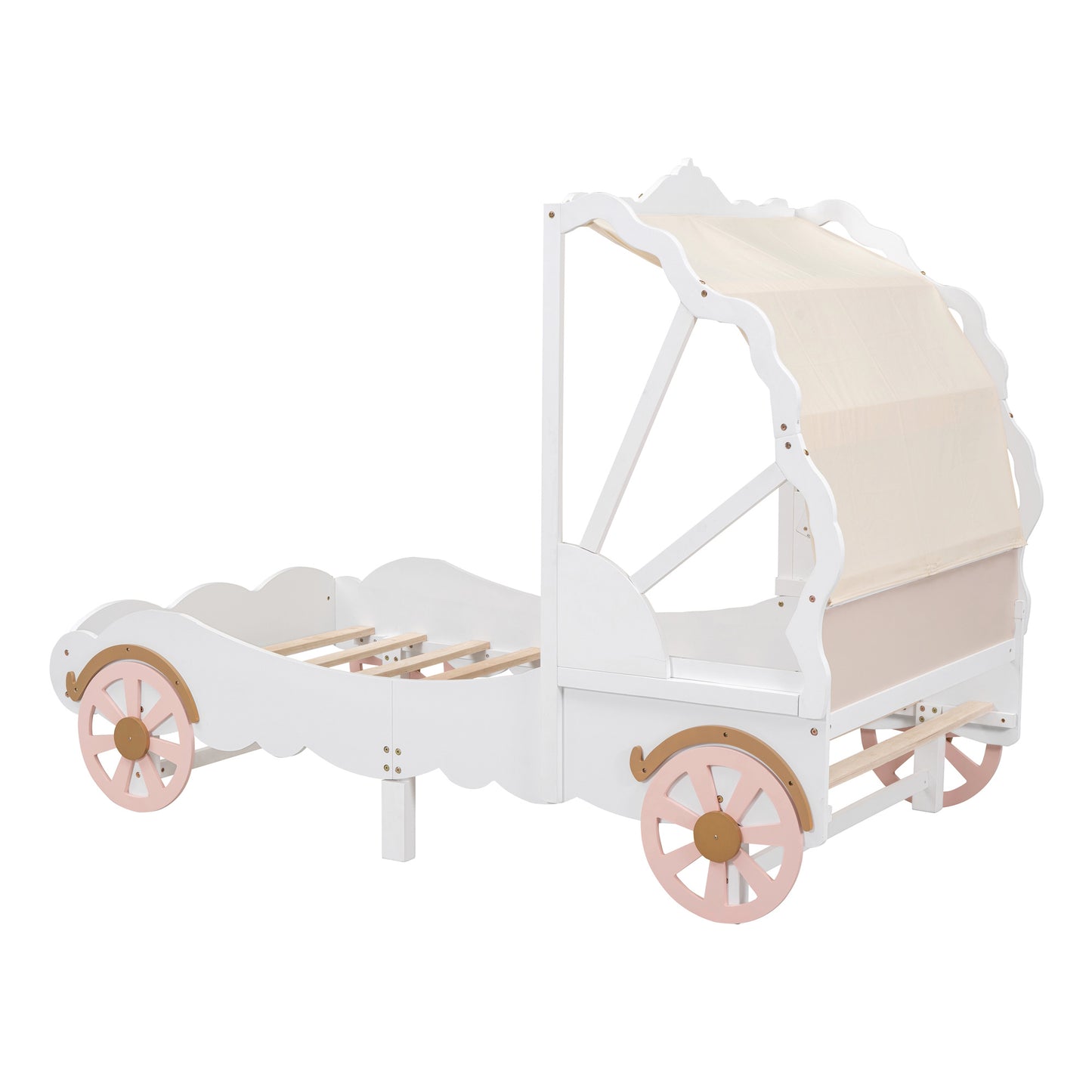 princess carriage bed with canopy, white+pink+gold