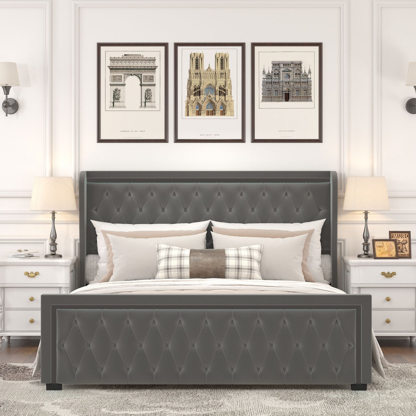 velvet upholstered bed with adjustable colorful led light decorative headboard