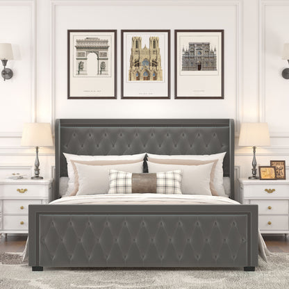 Velvet Upholstered Bed with Adjustable Colorful LED Light Decorative Headboard