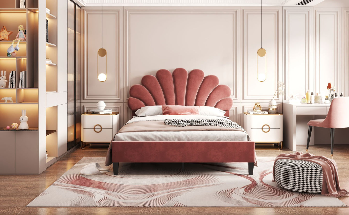 upholstered bed with flower pattern velvet headboard,