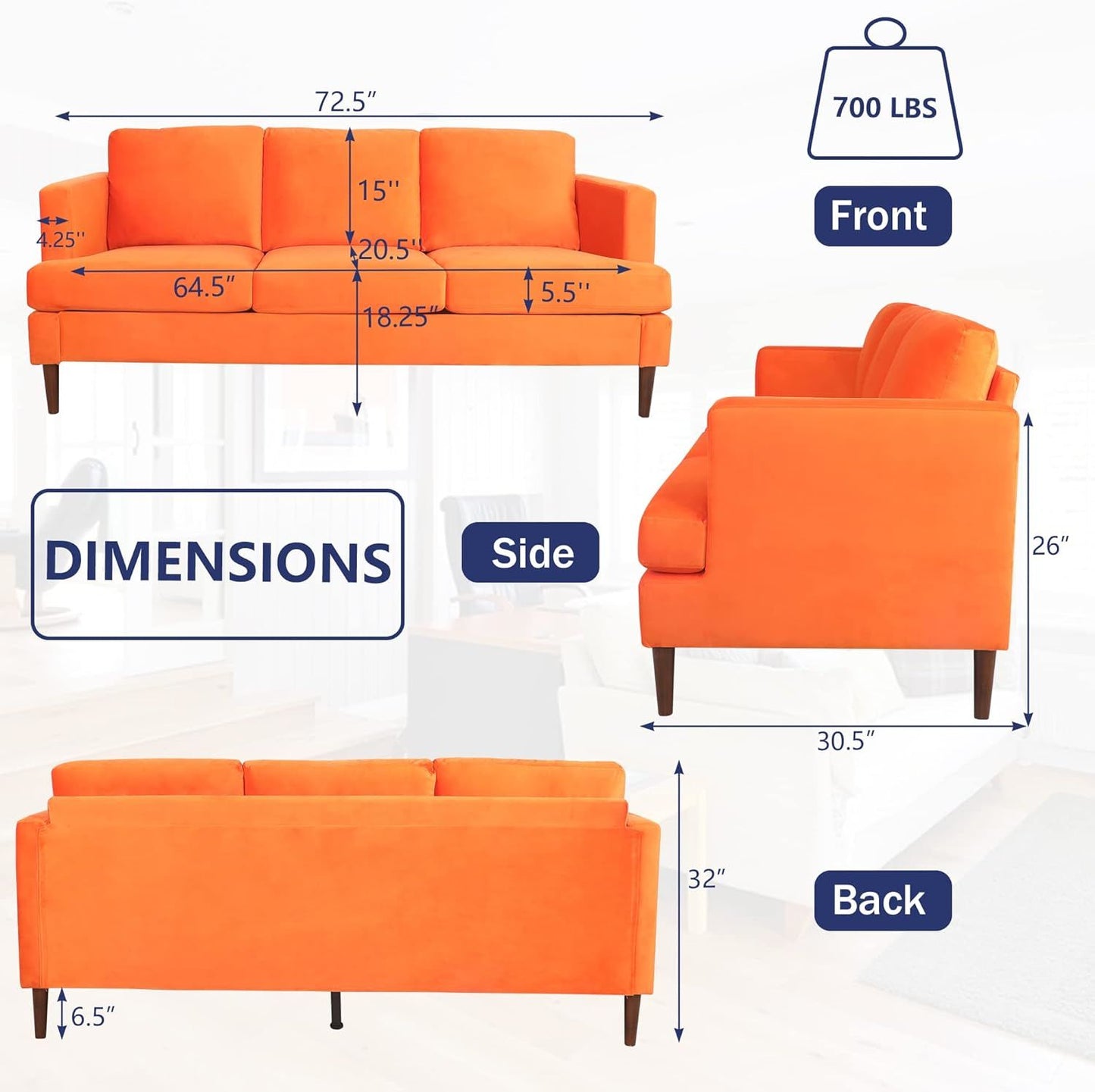 velvet tufted couch, orange