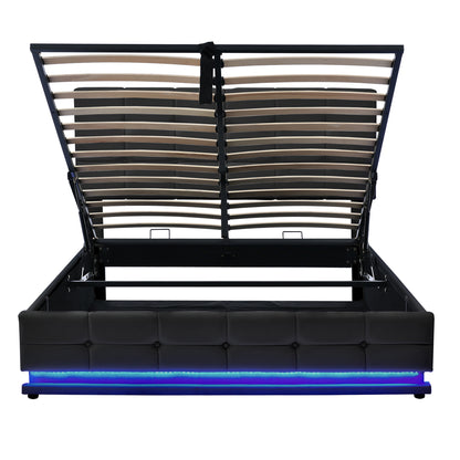 Tufted Upholstered Platform Bed with Hydraulic Storage System, LED Lights, and USB charger, Black