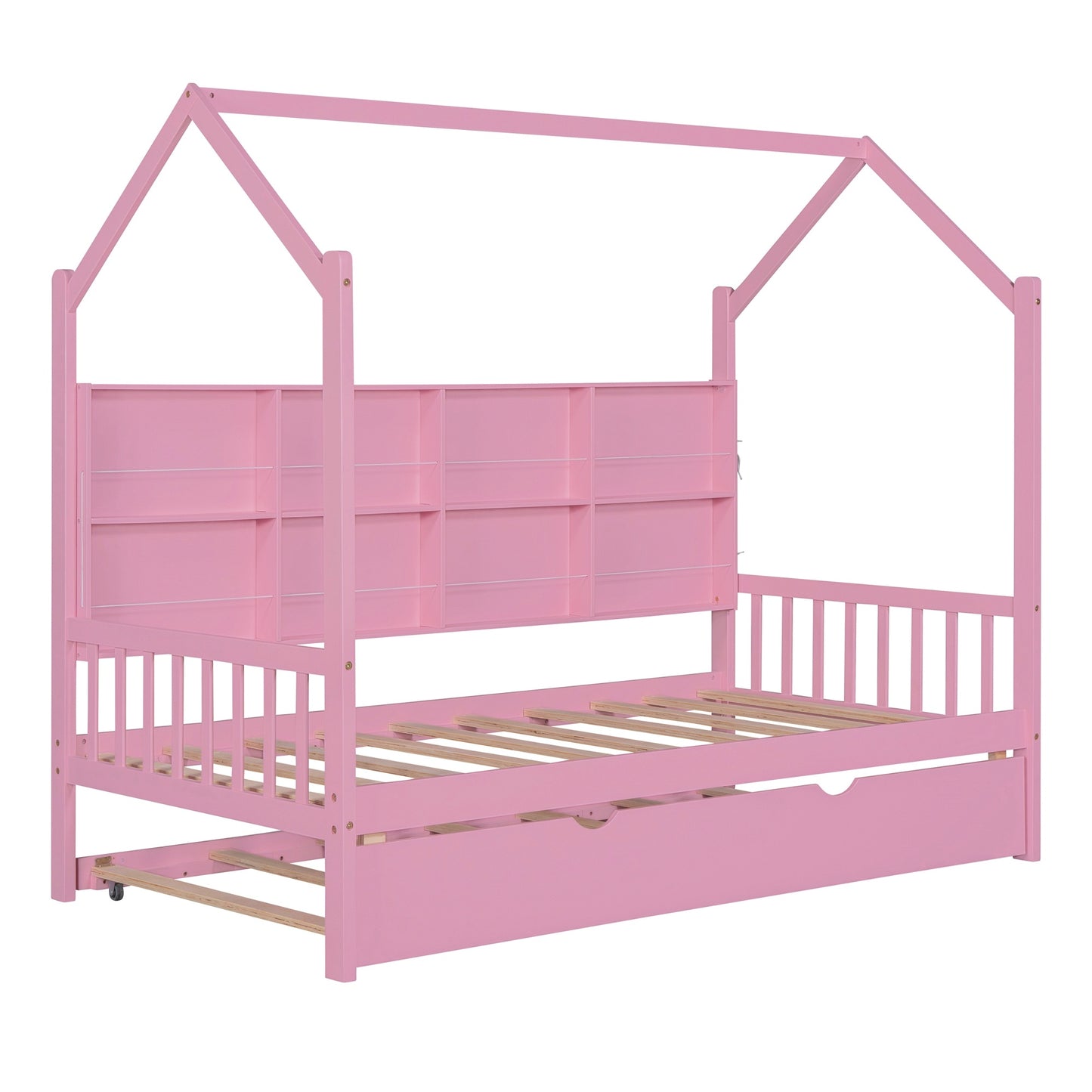 wooden house bed with trundle, pink