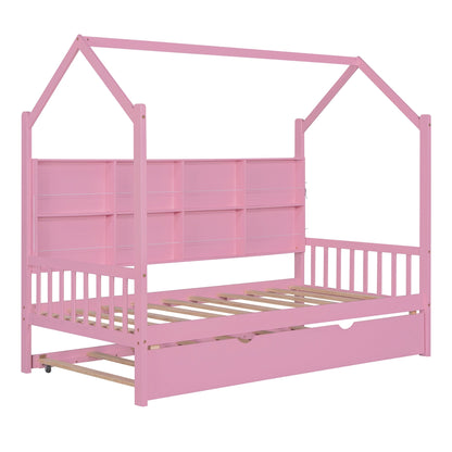 Wooden House Bed with Trundle, Pink
