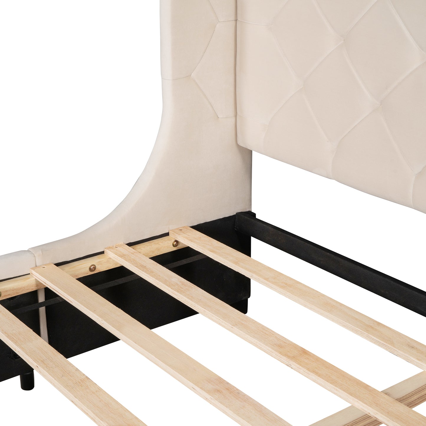 modern velvet upholstered platform bed with wingback headboard and a big drawer