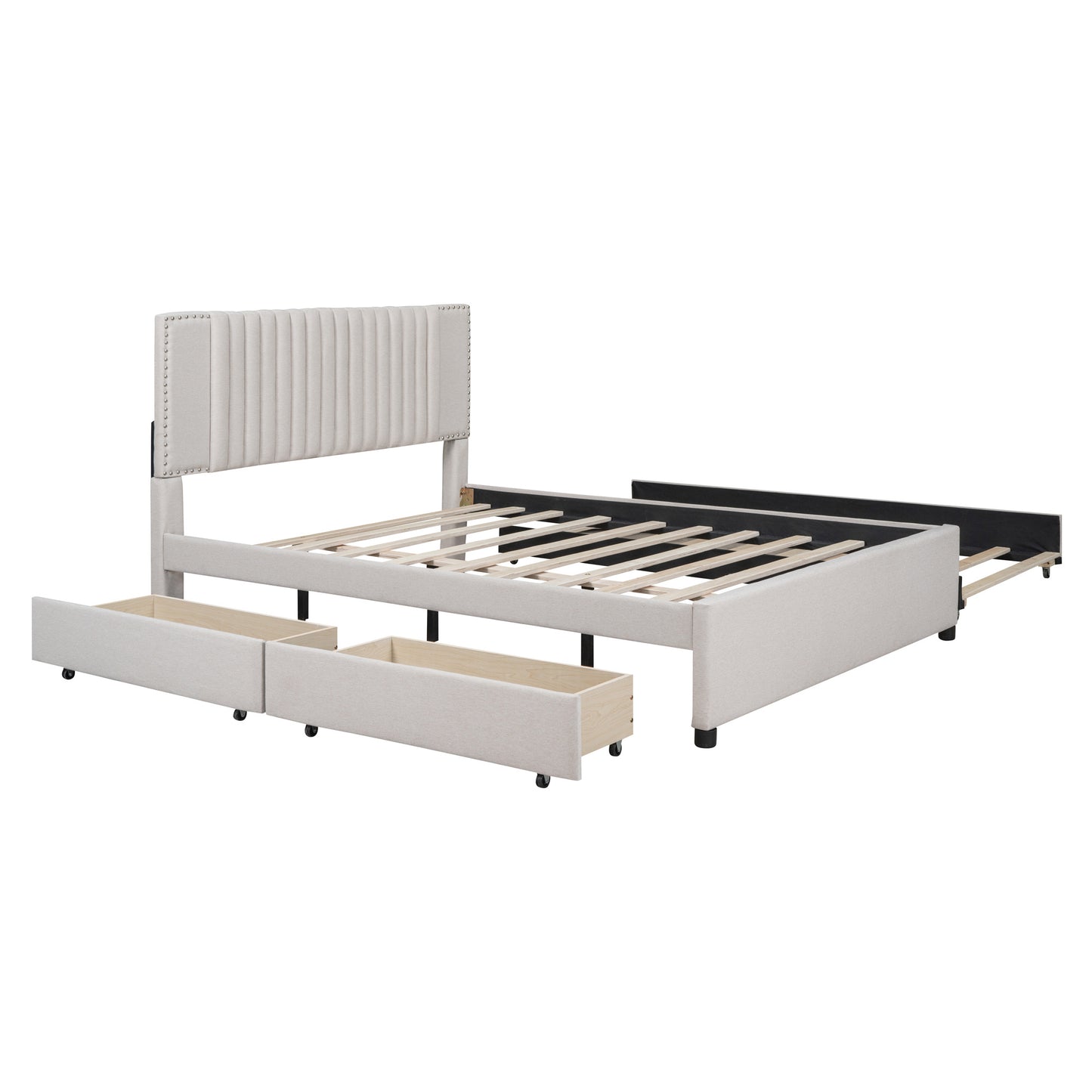 queen size upholstered platform bed with 2 drawers and 1 twin xl trundle, beige