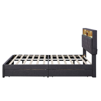 Full Size Upholstered Bed with Storage Headboard, LED, USB Charging and 2 Drawers, Dark Gray