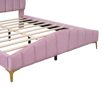 Stylish Velvet Platform Bed with Thick Fabric, Pink