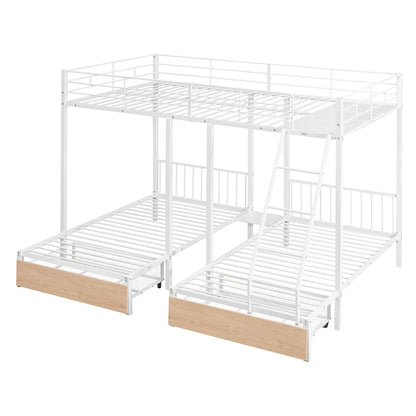 Full Over Twin & Twin Bunk Bed with Drawers and Guardrails, White