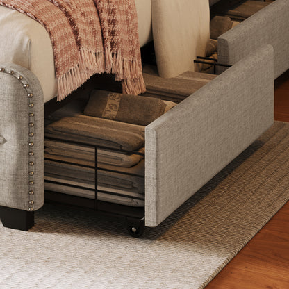 Upholstered Platform Bed Frame with Four Drawers, Beige