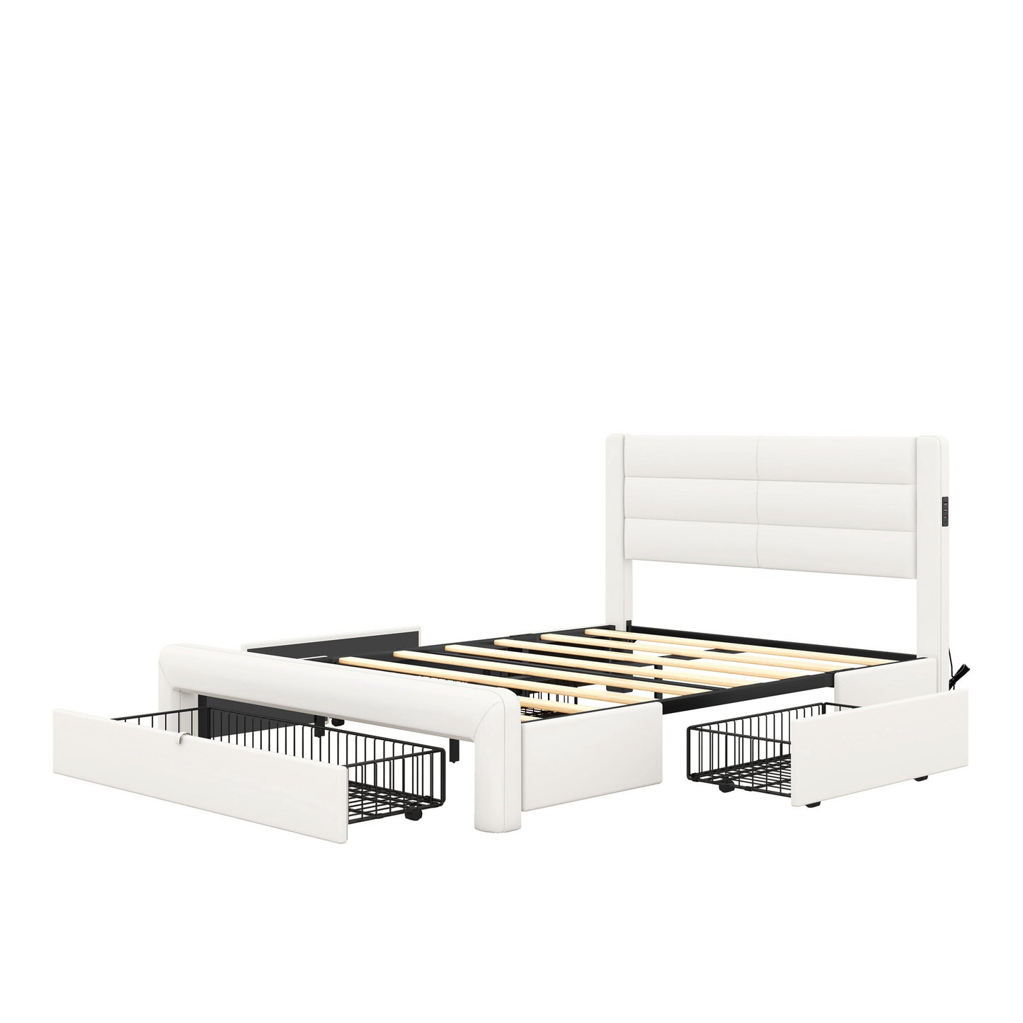 leather upholstered platform bed with drawer storage & charging station, white
