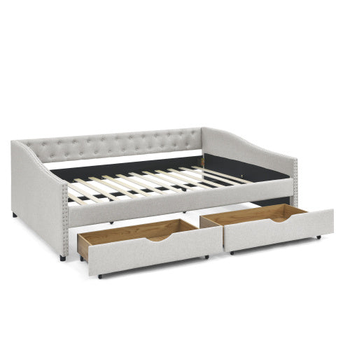 morgan queen size daybed with drawers upholstered tufted sofa bed, beige