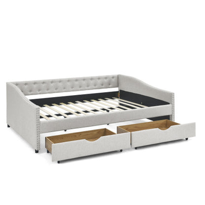 Morgan Queen Size Daybed with Drawers Upholstered Tufted Sofa Bed, Beige