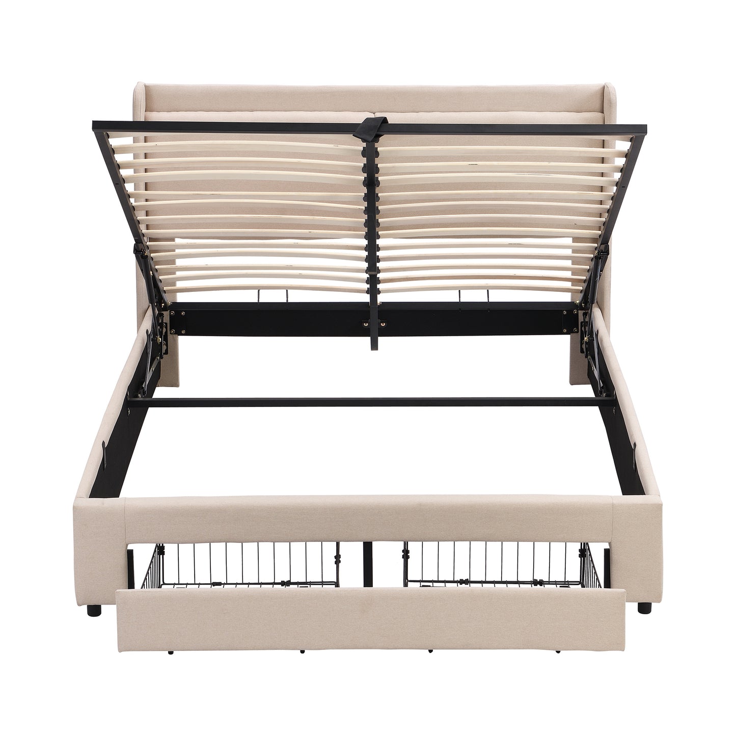 queen size storage upholstered hydraulic platform bed with 2 drawers, beige