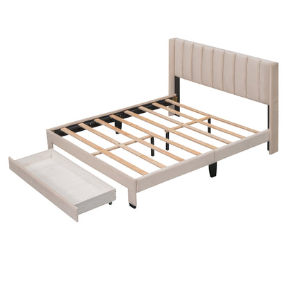 Velvet Upholstered Platform Bed with a Big Drawer - Beige