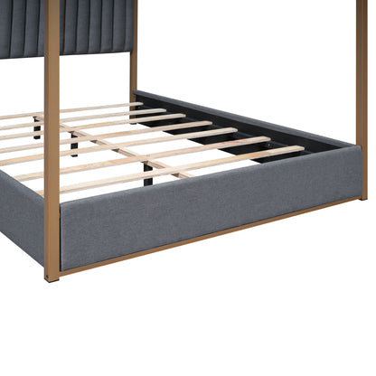 Upholstery Canopy Platform Bed with Headboard and Metal Frame, Gray