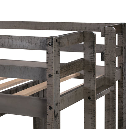 Loft Bed with Playhouse, Farmhouse, Ladder and Guardrails , Antique Gray