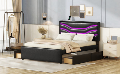 Retro Upholstered Storage Platform Bed with LED, 4 Drawers and USB Charging, Black