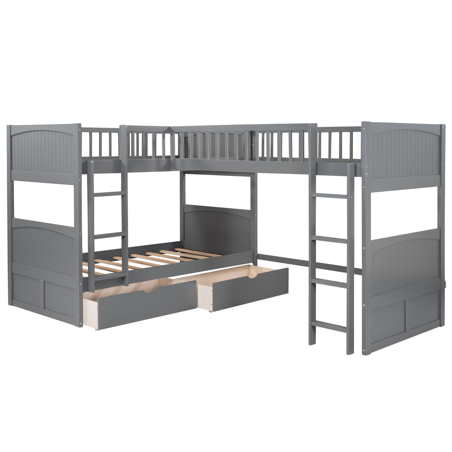 twin size bunk bed with a loft bed attached and two drawers, gray
