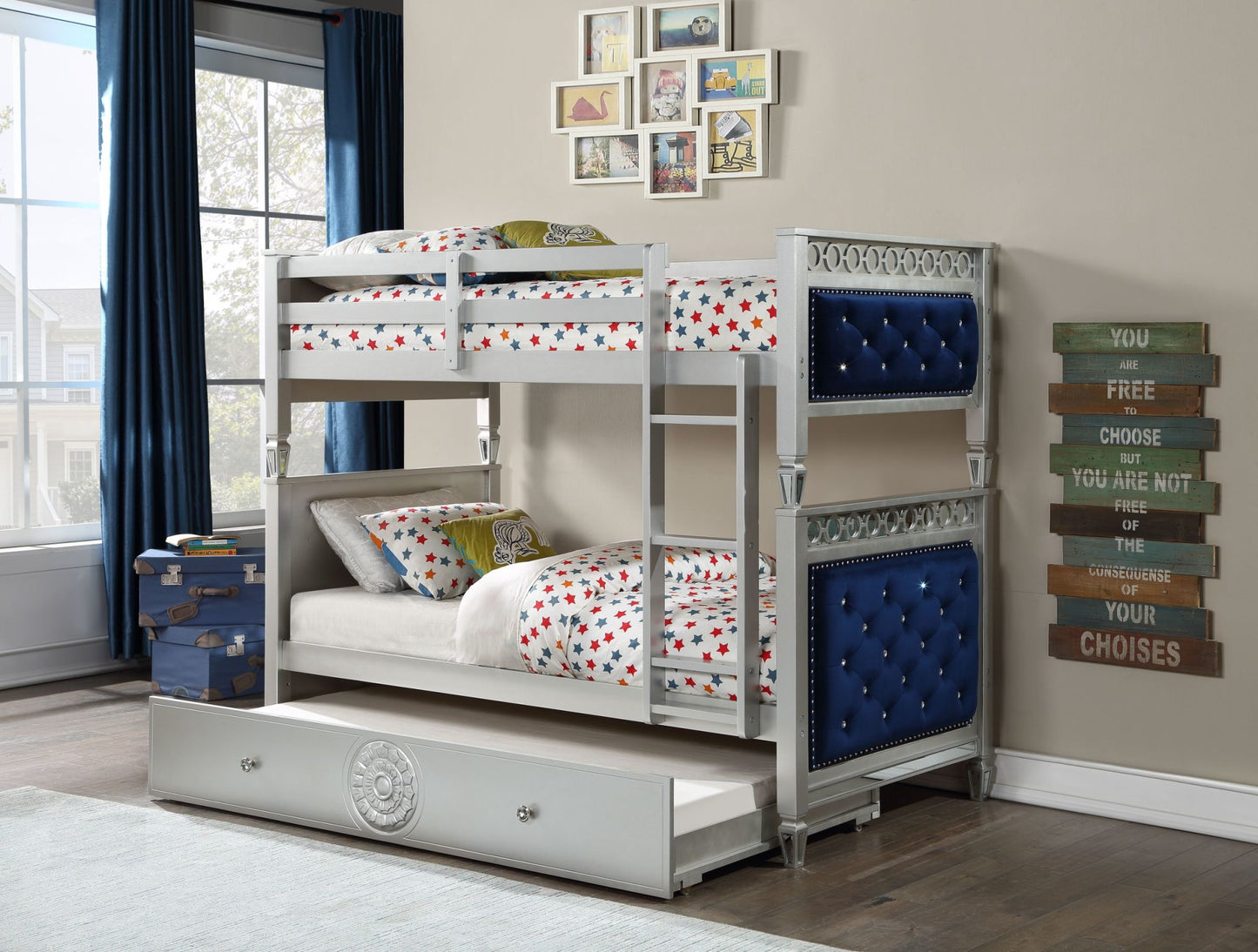 acme varian bunk bed, blue velvet & silver finish