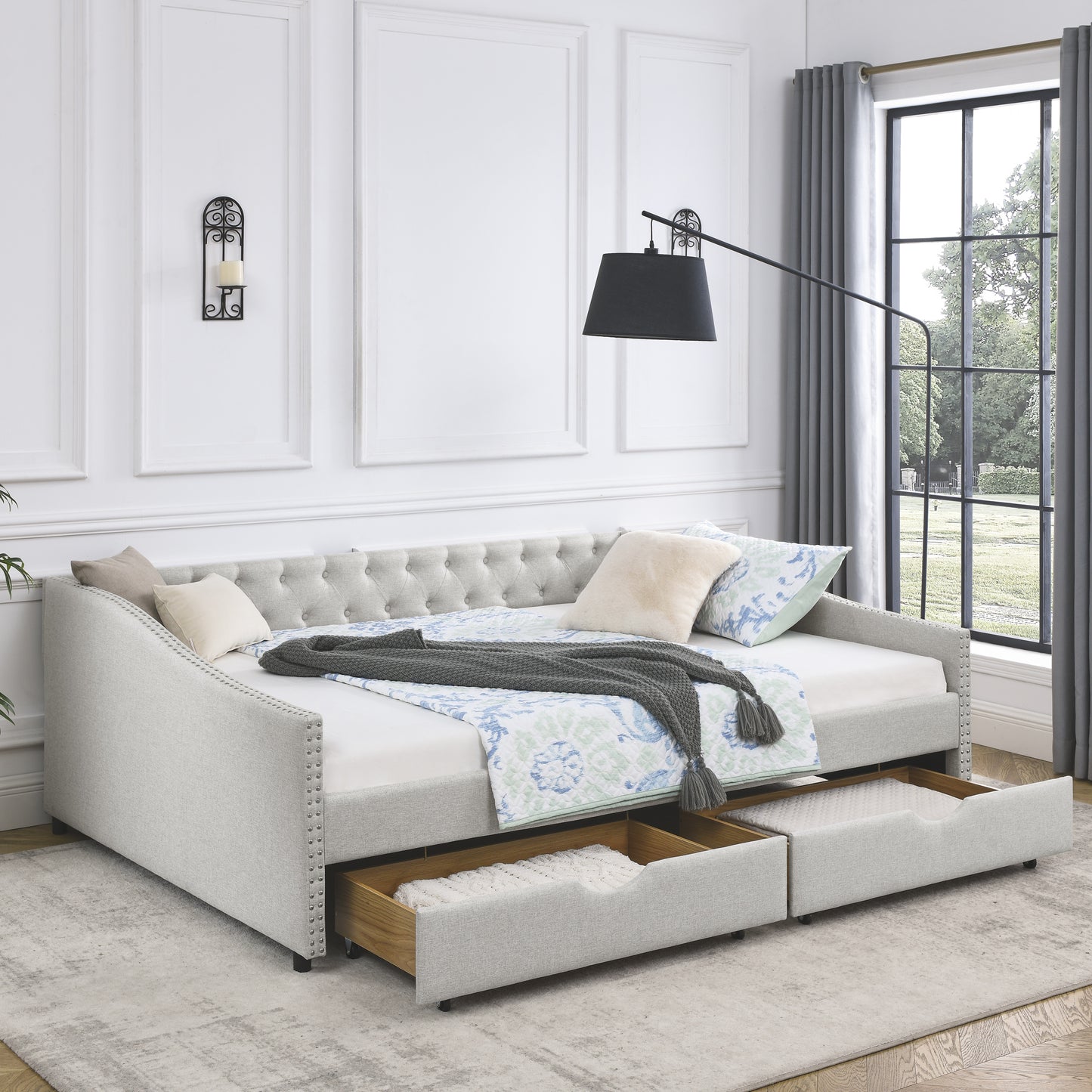 upholstered tufted daybed sofa bed  with drawers, beige