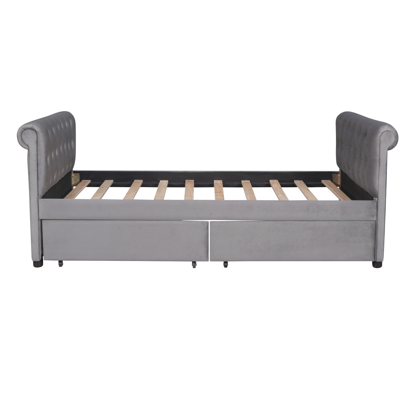 sara upholstered bed with drawers, gray