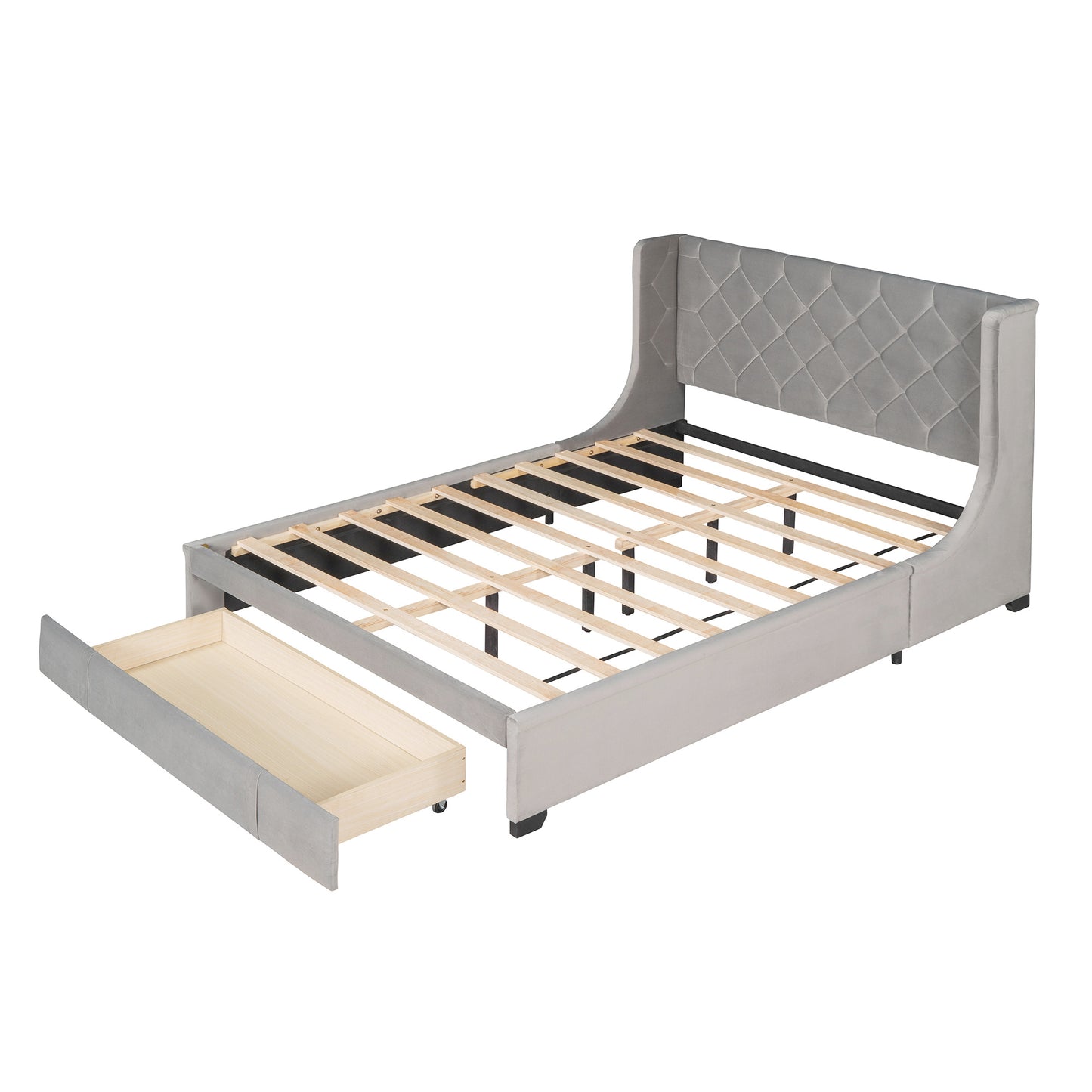 modern velvet upholstered platform bed with wingback headboard and a big drawer