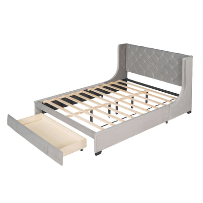 Modern Velvet Upholstered Platform Bed with Wingback Headboard and a Big Drawer
