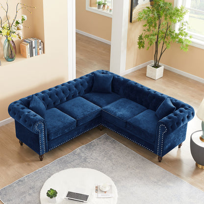 Luxury Classic Chesterfield L-shaped Sofa 3 Pillows Included, Blue Velvet
