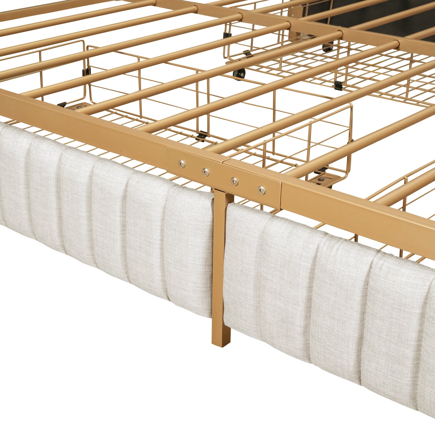 queen size metal frame upholstered bed with 4 drawers, linen fabric, beige