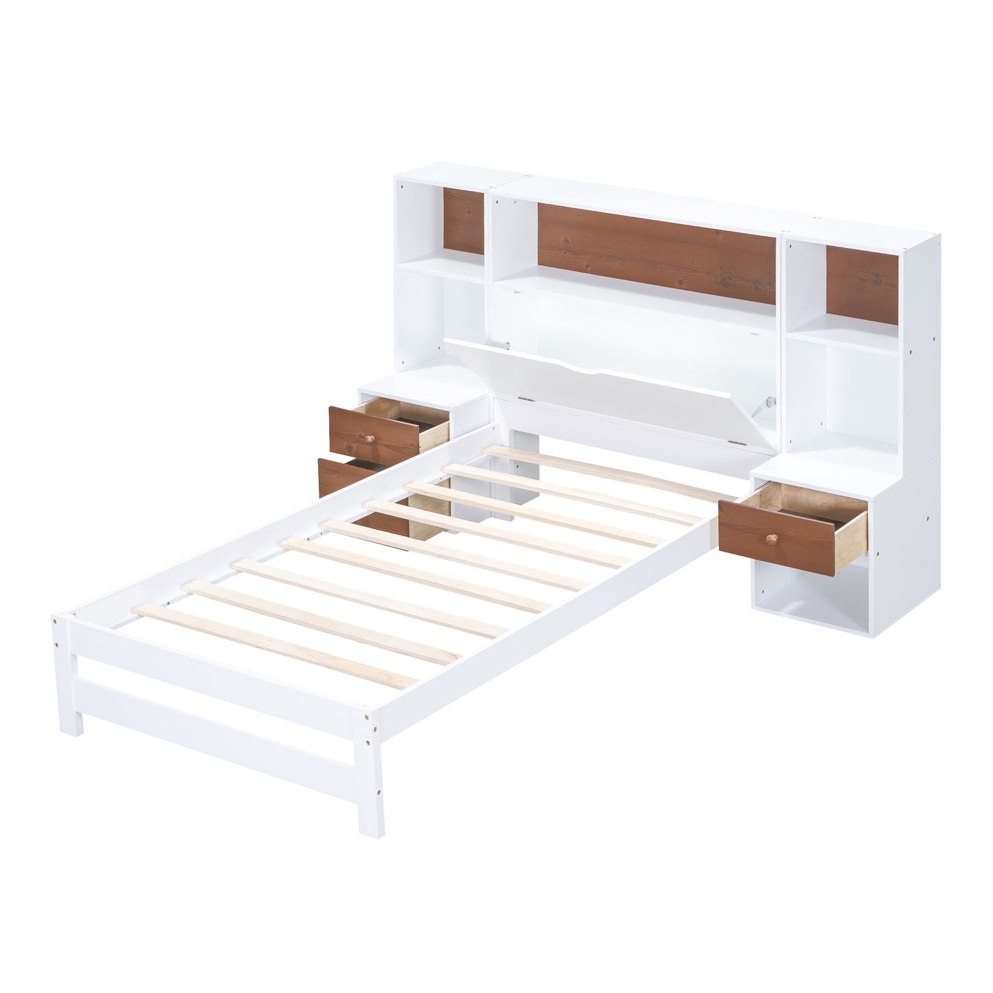 twin size platform bed with storage headboard and drawers, white
