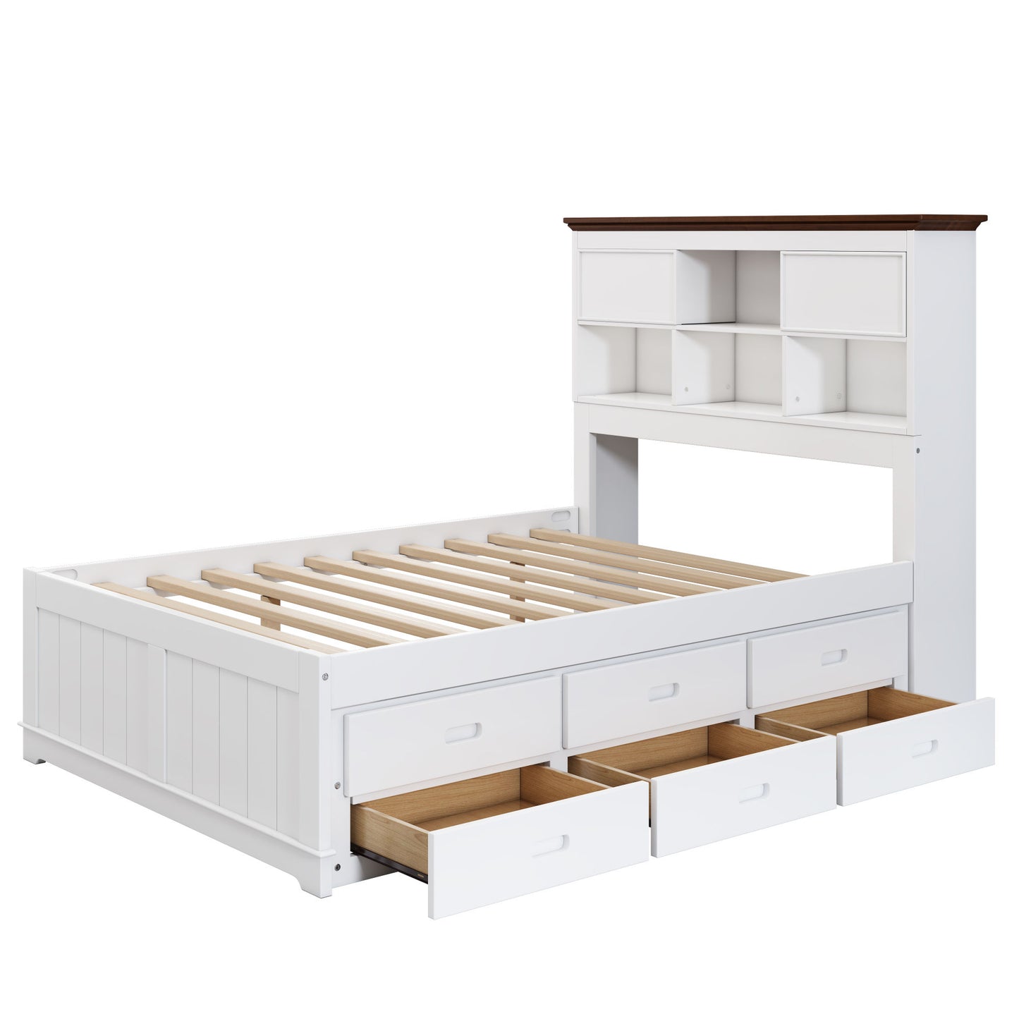 wooden captain bed with trundle and nightstand, white+walnut