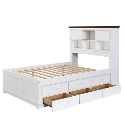 Wooden Captain Bed with Trundle and Nightstand, White+Walnut