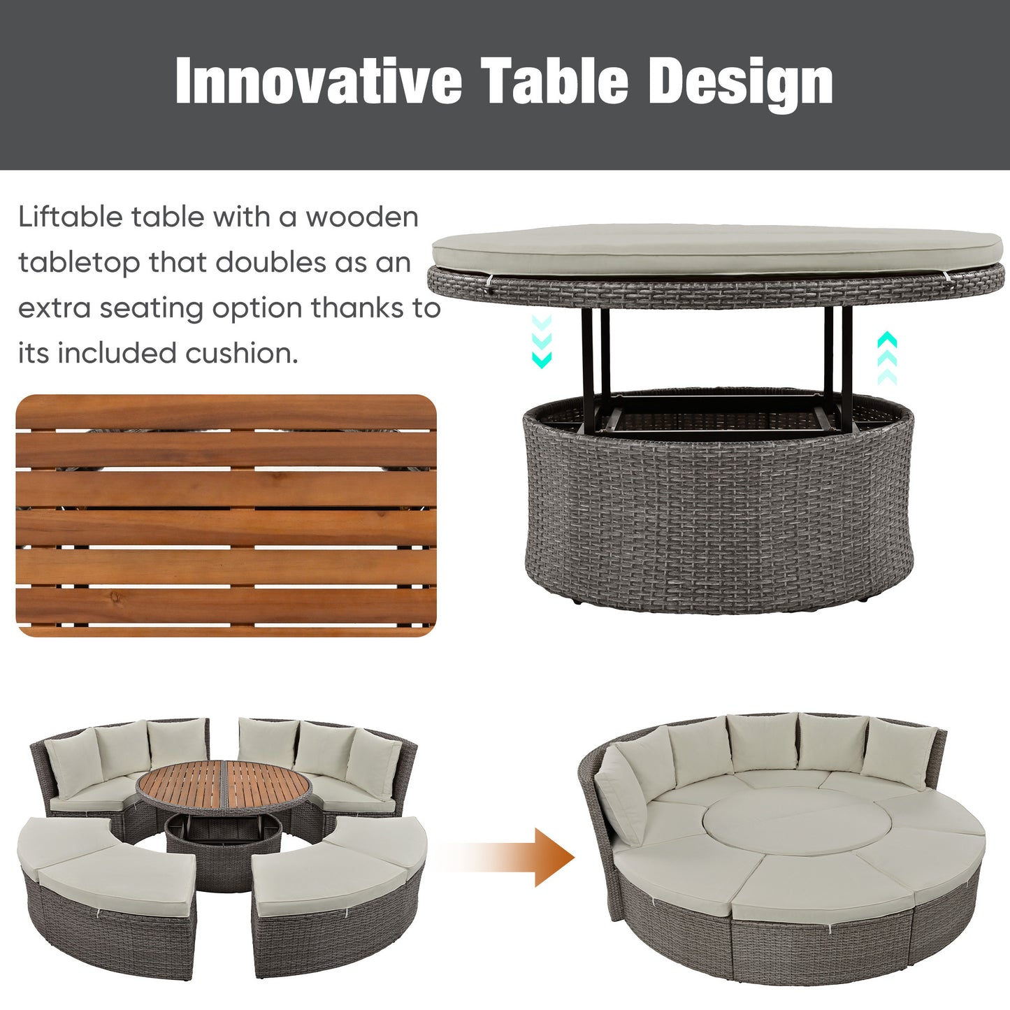 topmax patio 5-piece round rattan sectional sofa set, gray
