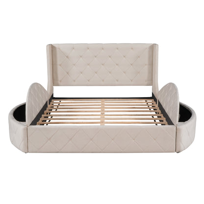 Upholstered Velvet Platform Bed with Wingback Headboard and 1 Big Drawer; 2 Side Storage Stool