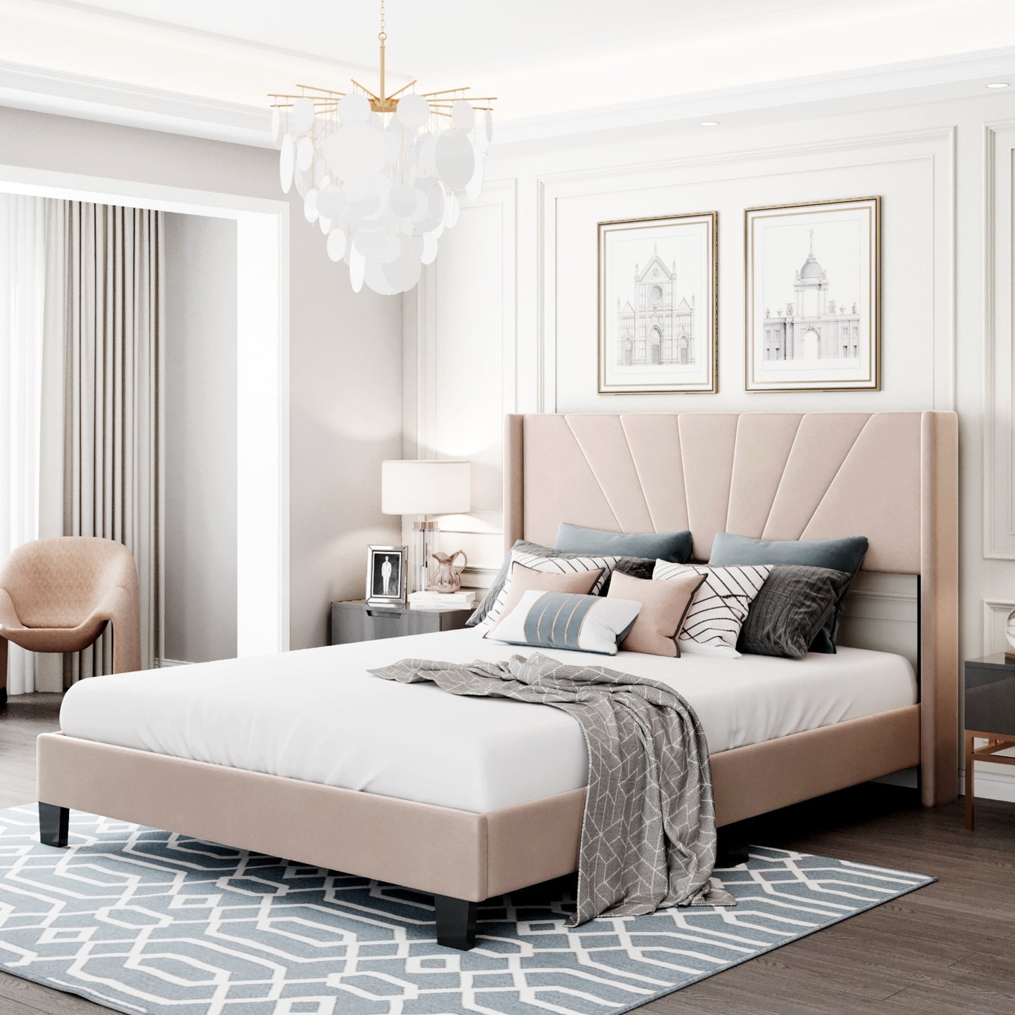 velvet upholstered king platform bed