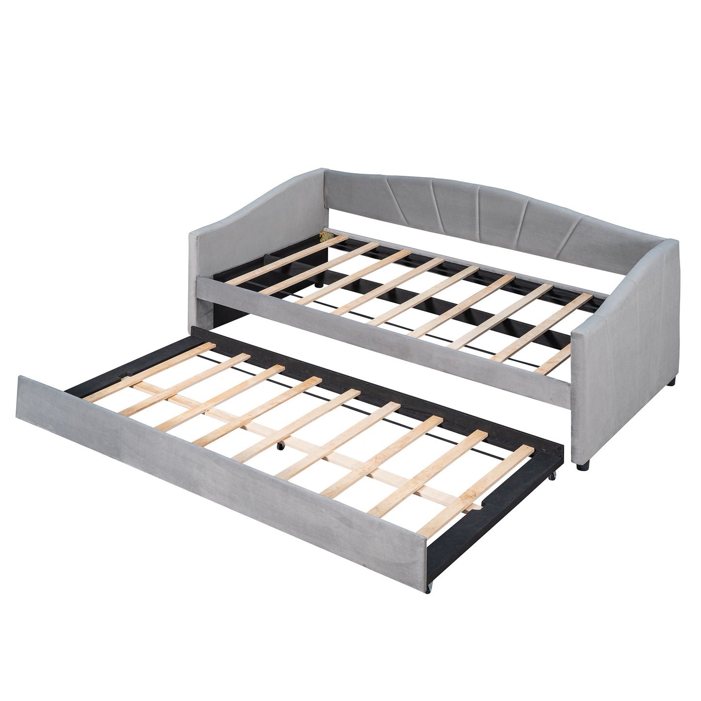 upholstered bed with trundle bed and wood slat ; gray