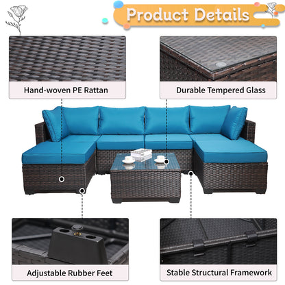 7 Pieces Outdoor Patio Sectional Sofa Couch Set with Washable Cushions & Glass Coffee Table