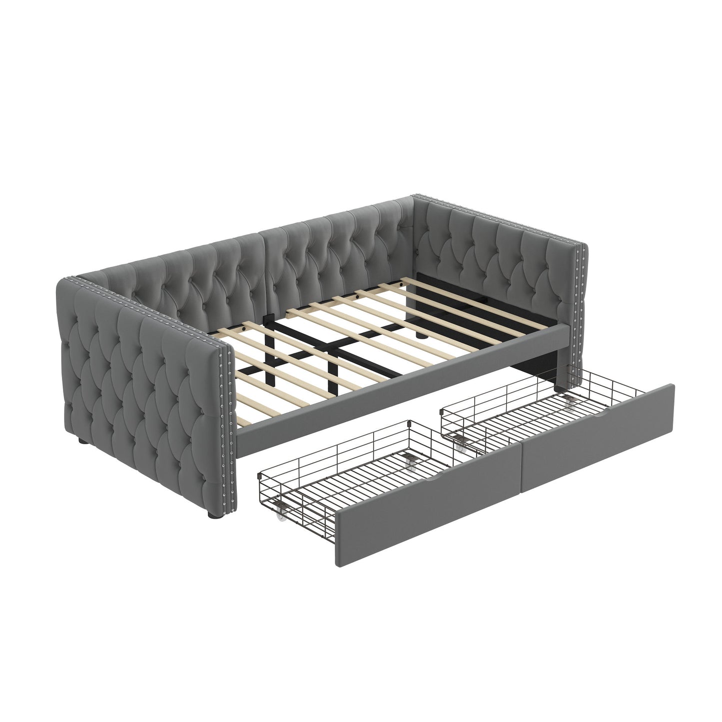 velvet upholstered tufted bed with drawers, grey