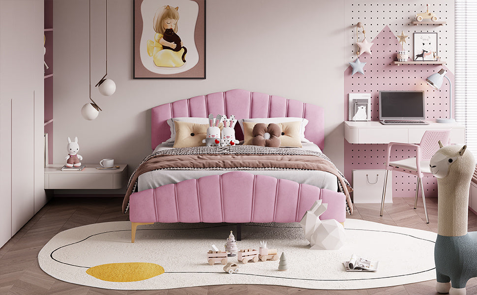stylish velvet platform bed with thick fabric, pink