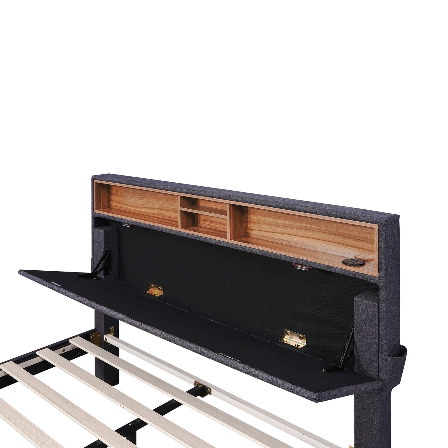 full size upholstered bed with storage headboard, led, usb charging and 2 drawers, dark gray