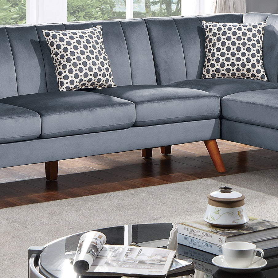 contemporary 2-pcs sectional set living room furniture dark gray velvet couch left facing sofa, right facing loveseat wedge plush cushion